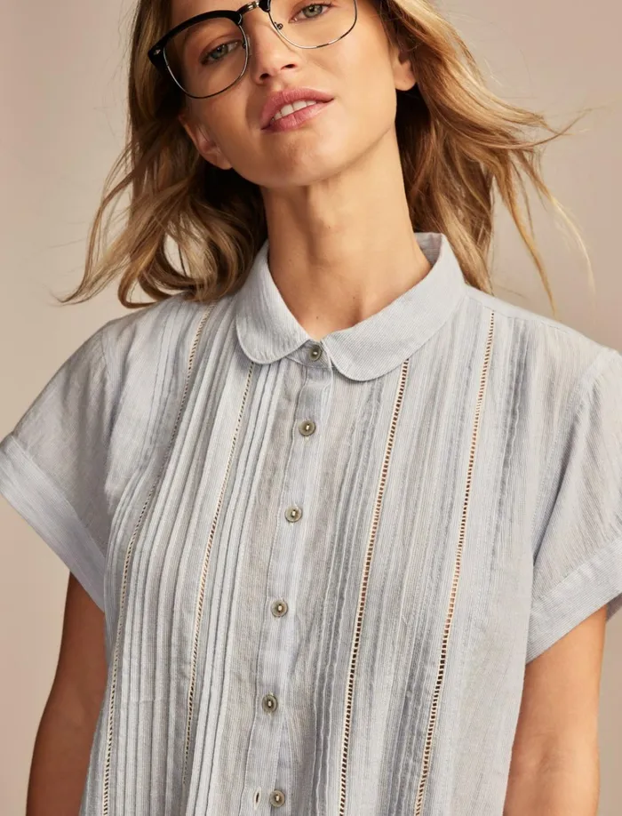 Pintuck Peter Pan Blouse Blue Stripe Women Lucky Brand Blouses