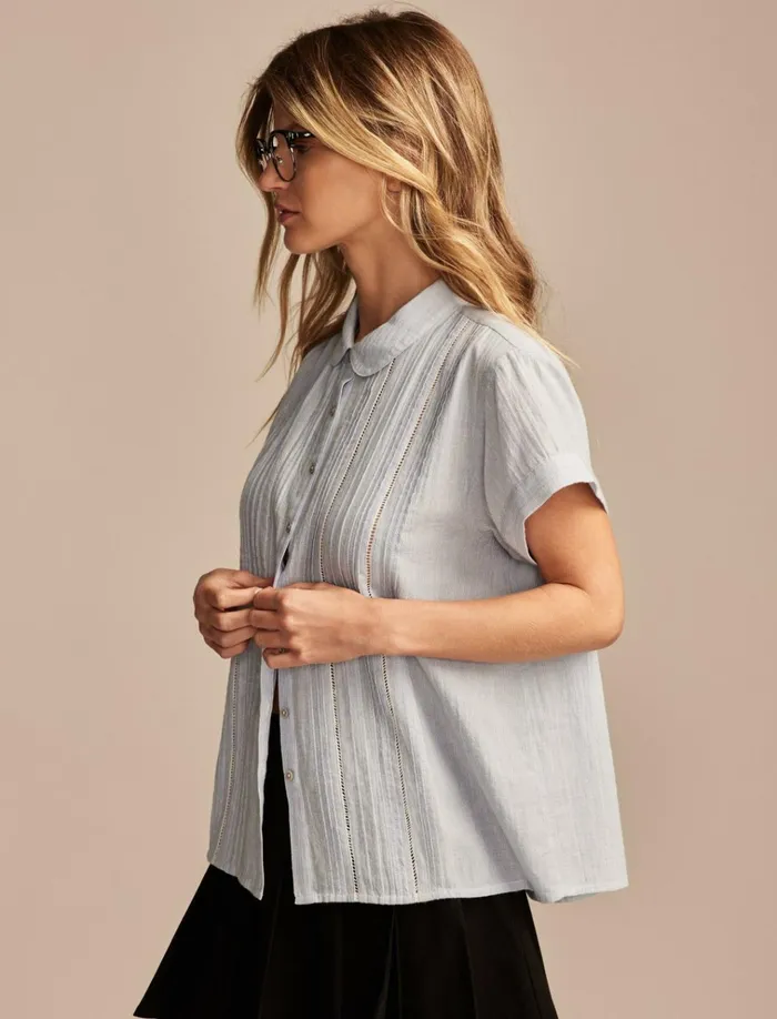Pintuck Peter Pan Blouse Blue Stripe Women Lucky Brand Blouses