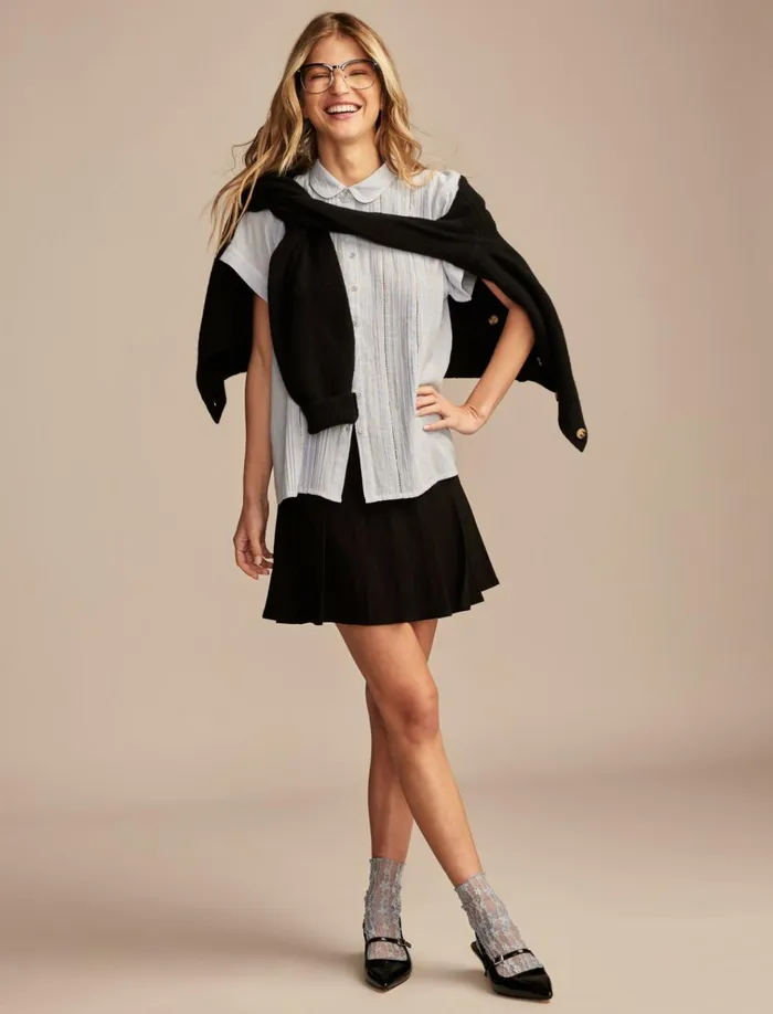 Pintuck Peter Pan Blouse Blue Stripe Women Lucky Brand Blouses