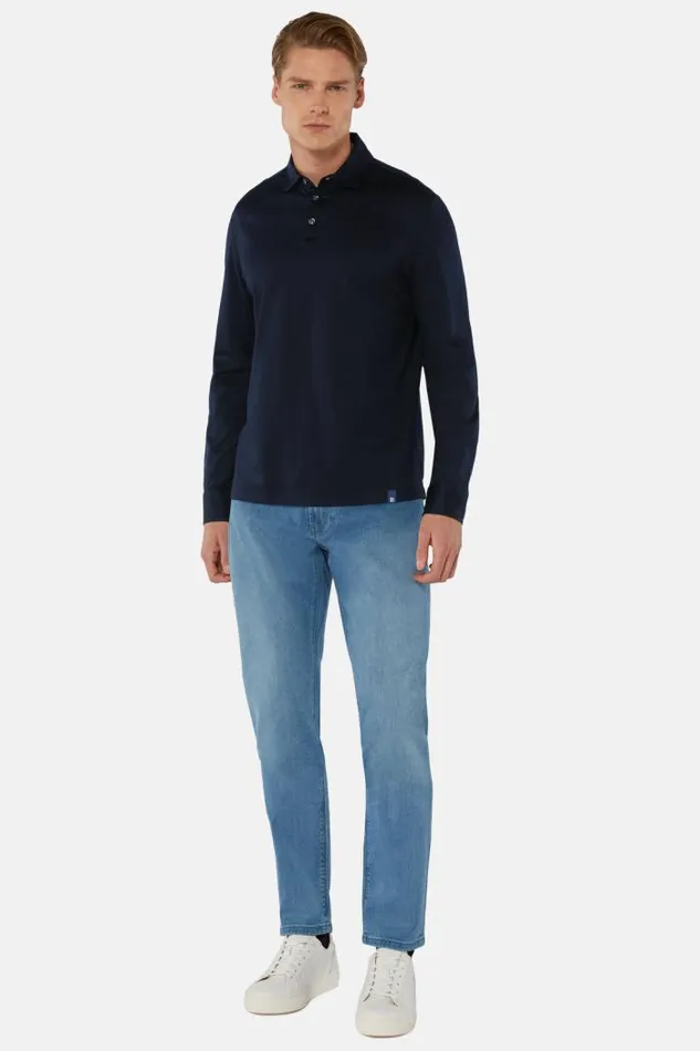 Polo Men Boggi Milano Long Sleeved Regular Fit Polo Shirt In Pima Cotton Jersey Navy Blue Polo Men Boggi Milano Long Sleeved Regular Fit Polo Shirt In Pima Cotton Jersey Navy Blue