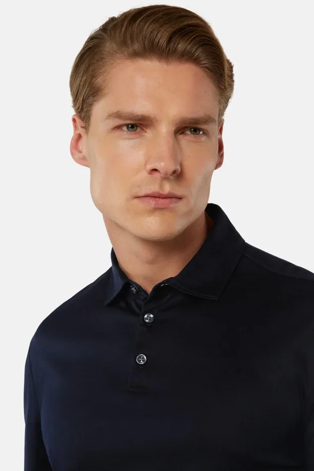 Polo Men Boggi Milano Long Sleeved Regular Fit Polo Shirt In Pima Cotton Jersey Navy Blue Polo Men Boggi Milano Long Sleeved Regular Fit Polo Shirt In Pima Cotton Jersey Navy Blue