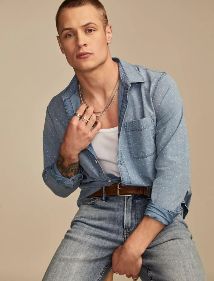 Printed Poplin Long Sleeve Shirt Indigo Print Men Lucky Brand Shirts and Tops