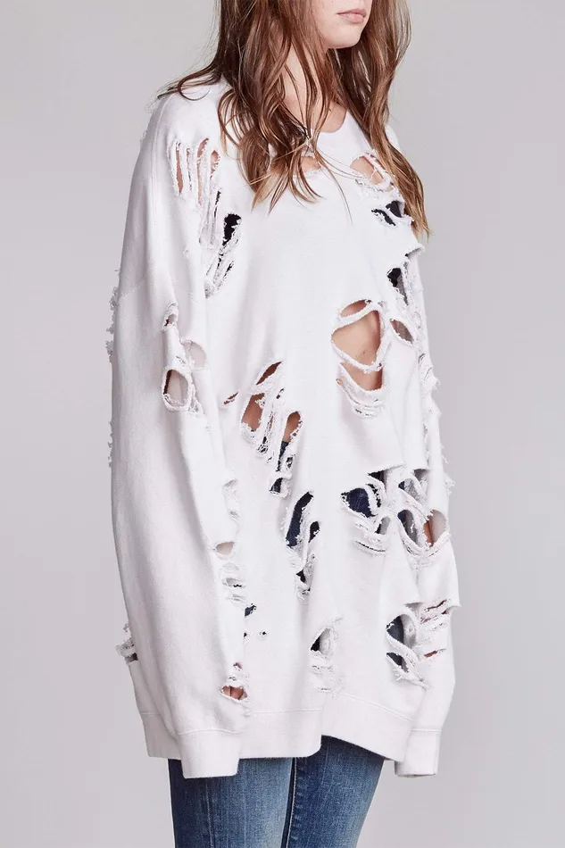 R13 Distressed Crewneck 8211 Dirty White Women Sweatshirts R13 Distressed Crewneck 8211 Dirty White Women Sweatshirts