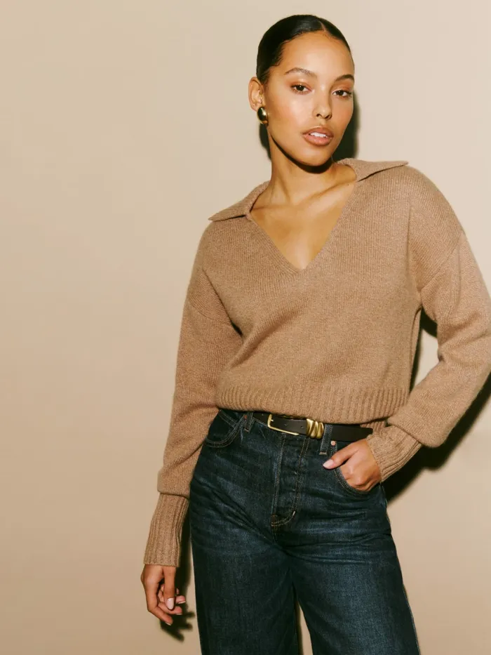 Reformation Sweaters Beckie Cashmere Collared Sweater Panko 8211 Women