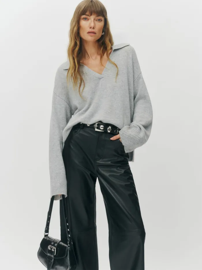 Reformation Sweaters Sawyer Oversized Cashmere Polo Foggy 8211 Women