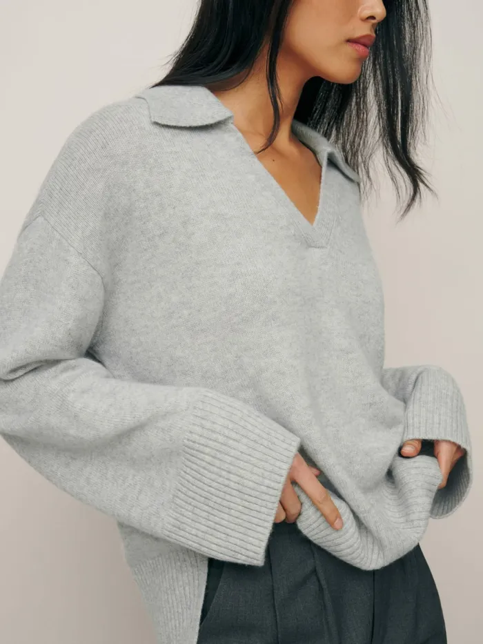 Reformation Sweaters Sawyer Oversized Cashmere Polo Foggy 8211 Women