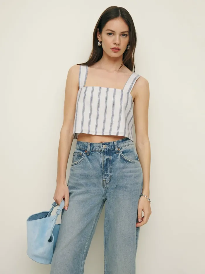 Reformation Tops Lorin Linen Top Harbor Stripe 8211 Women