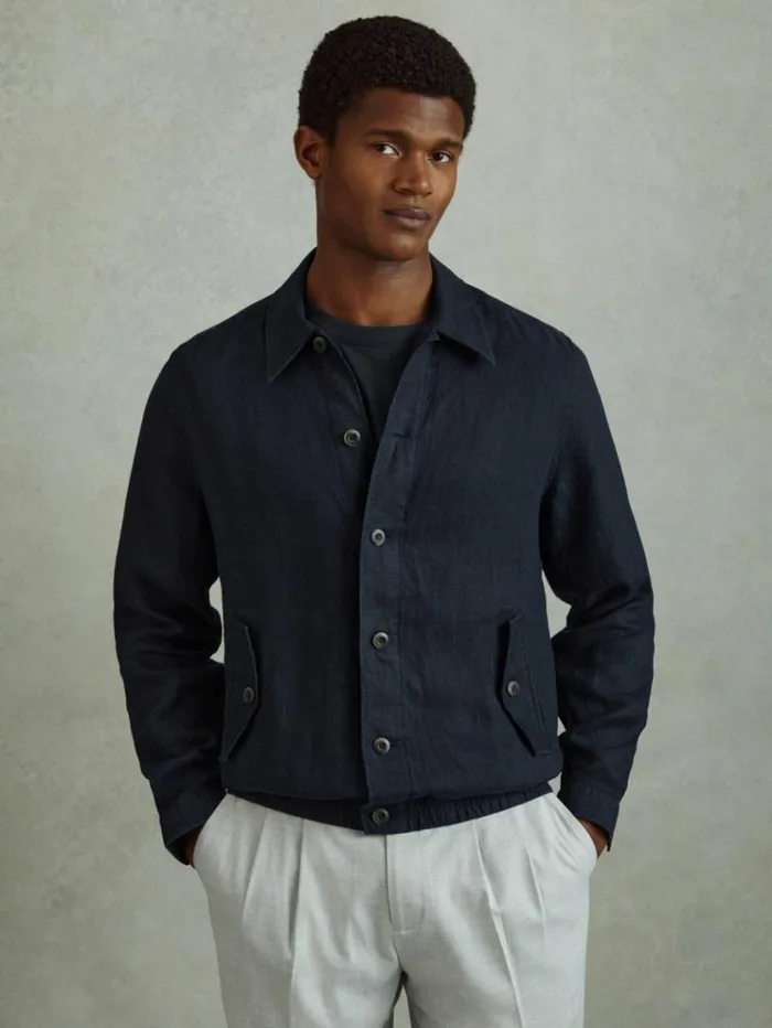 REISS Coats and Jackets Men Linen Elasticated Hem Overshirt Navy