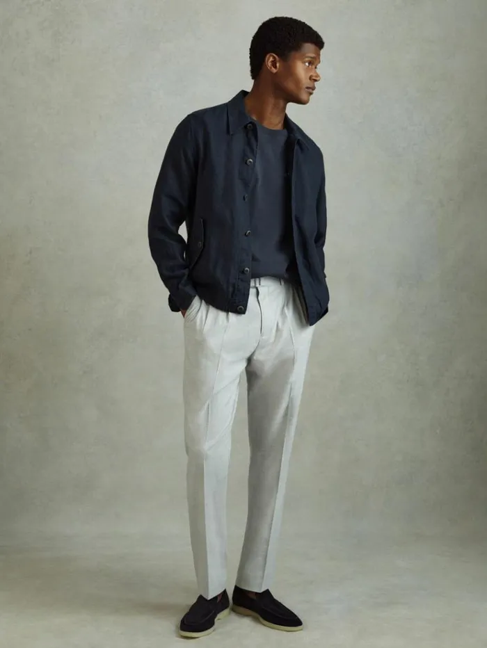 REISS Coats and Jackets Men Linen Elasticated Hem Overshirt Navy