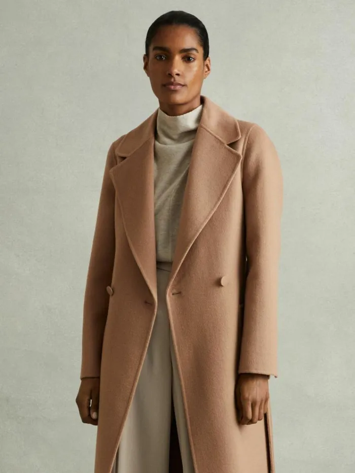 REISS Coats and Jackets Women Wool Blend Double Breasted Blindseam Coat Light Camel