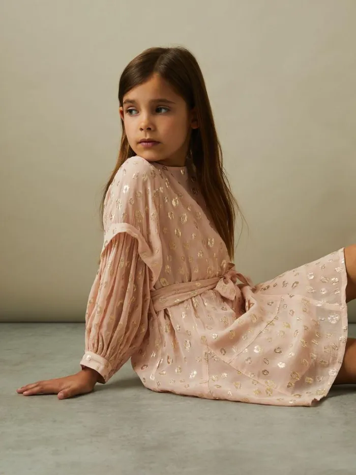 REISS Dresses Children Metallic Jacquard Print Puff Sleeve Dress Pink