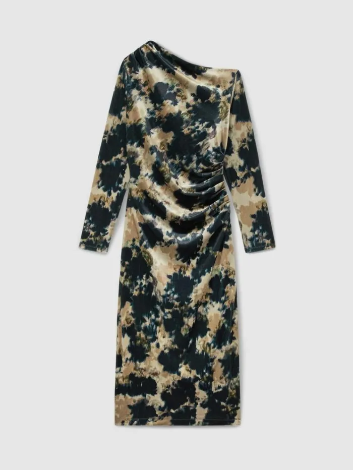 REISS Dresses Women Ruched AbstractPrint Velvet Dress Navy
