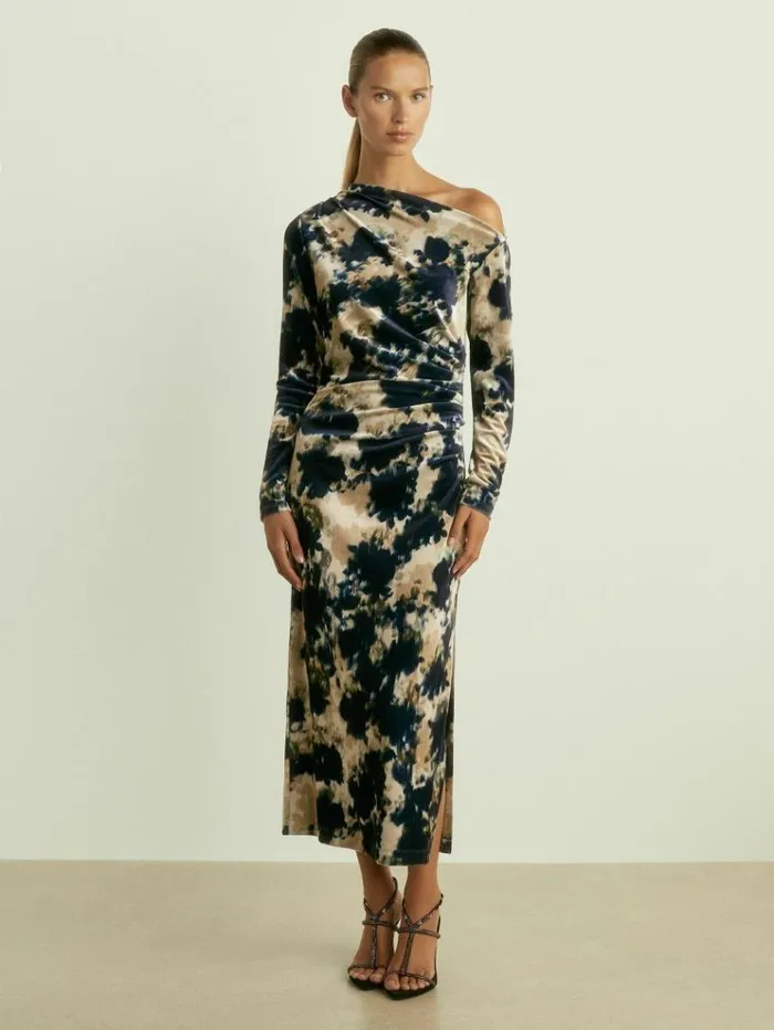 REISS Dresses Women Ruched AbstractPrint Velvet Dress Navy