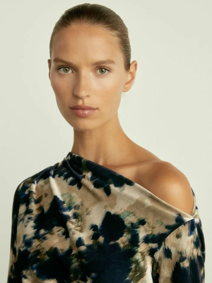 REISS Dresses Women Ruched AbstractPrint Velvet Dress Navy