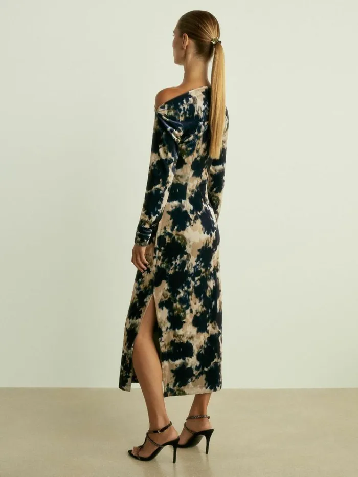 REISS Dresses Women Ruched AbstractPrint Velvet Dress Navy