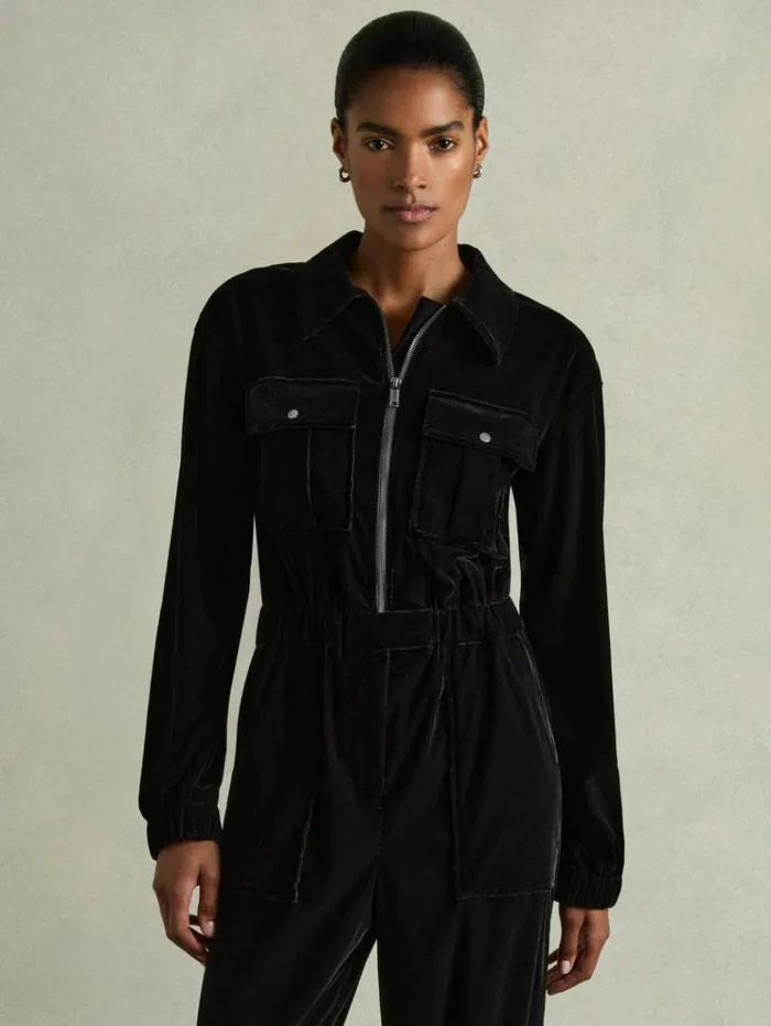 REISS Jumpsuits and Rompers Women PatchPocket Velvet Jumpsuit Black