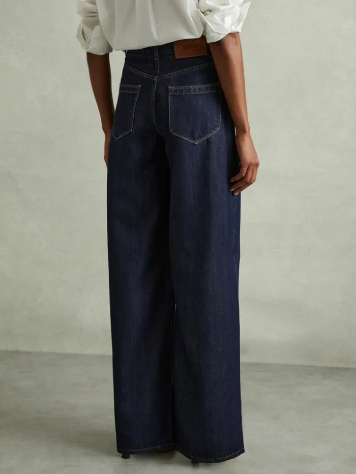 REISS Petite Women Double Pleat Wide Leg Jeans Indigo