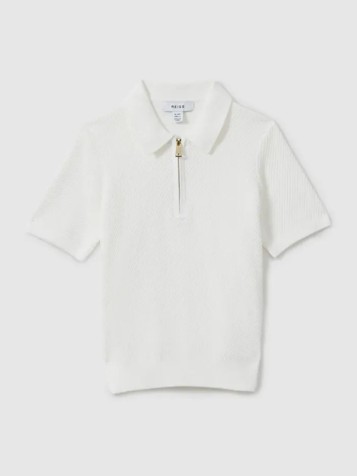 REISS Polo Shirts Children Textured Half Zip Neck Polo Shirt White