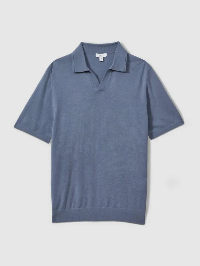 REISS Polo Shirts Men Merino Wool Open Collar Polo Shirt Airforce Blue