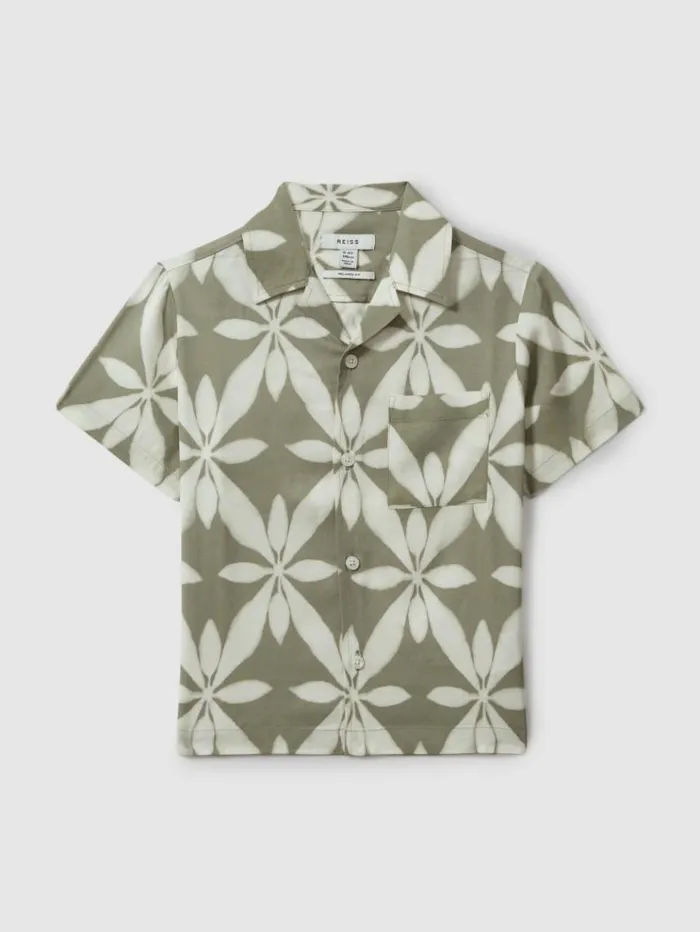 REISS Shirts Children Relaxed Printed Cuban Collar Shirt Sage Green