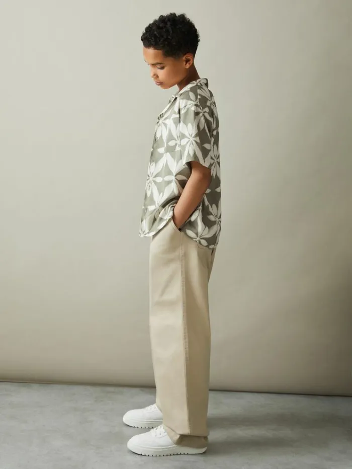 REISS Shirts Children Relaxed Printed Cuban Collar Shirt Sage Green