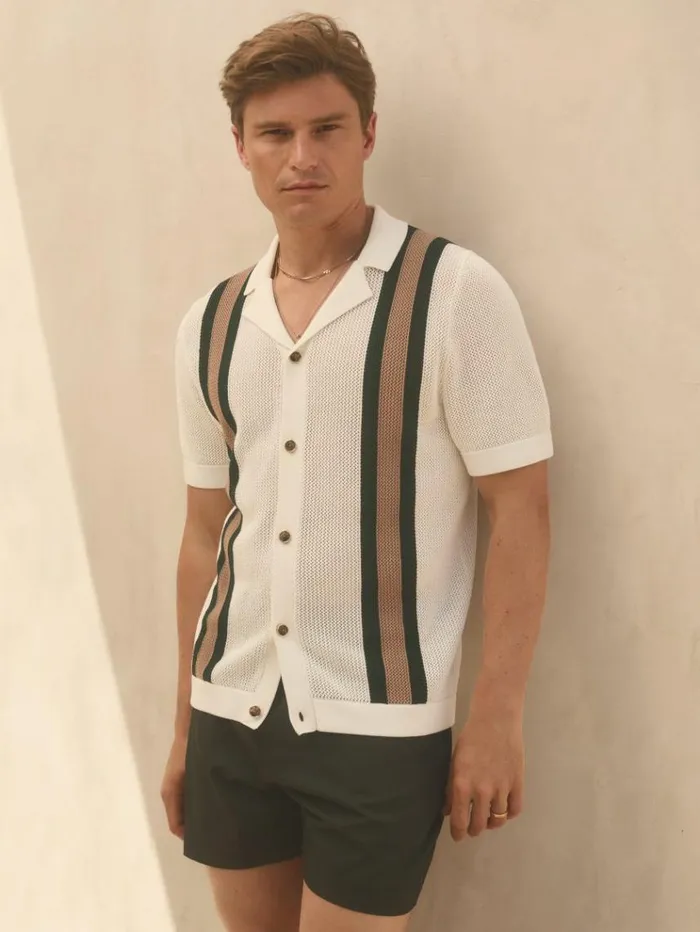REISS Shirts Men Ch Knitted Contrast Stripe Cuban Collar Shirt Whitedark Green