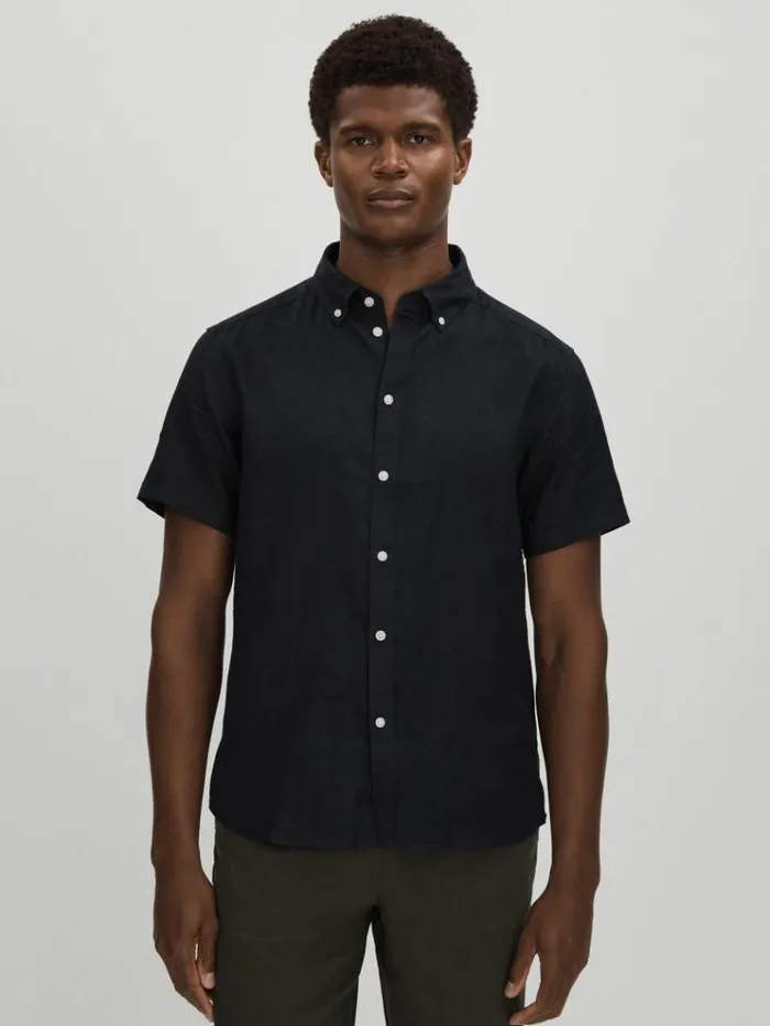 REISS Shirts Men Les Deux Light Green Linen Oxford Shirt Navy