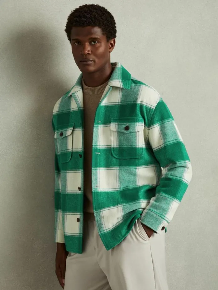 REISS Shirts Men Wool Blend Checked Overshirt Green