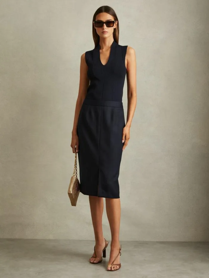 REISS Skirts Women Textured Pencil Midi Suit Skirt Navy