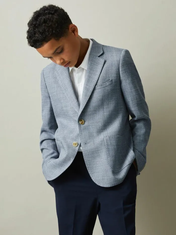 REISS Suits and Tailoring Children Slub Check Single Breasted Blazer Soft Blue