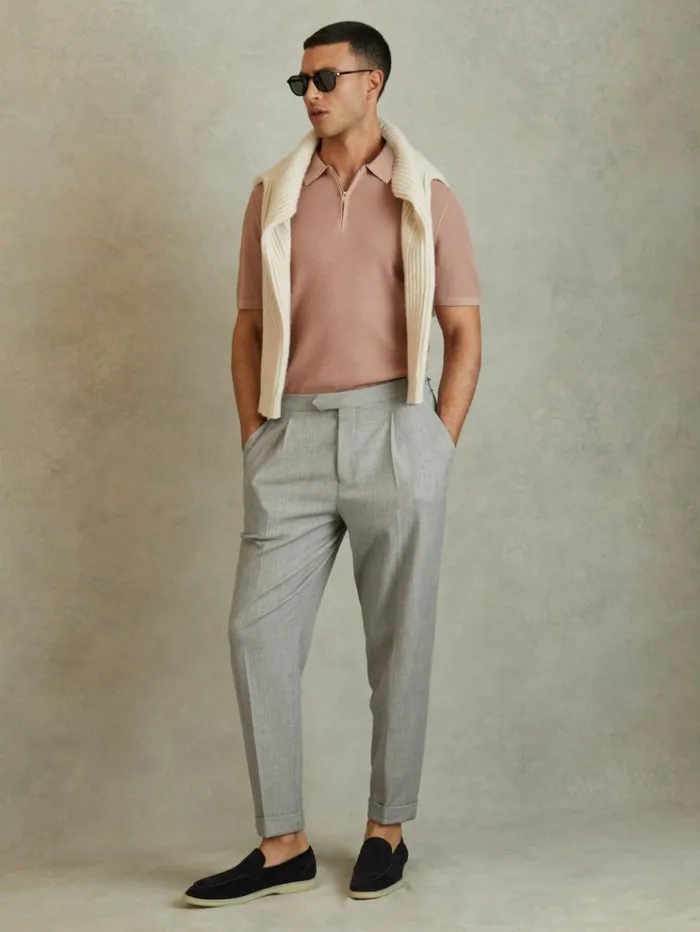 REISS Suits and Tailoring Men Textured Side Adjuster Regular Fit Trousers With TurnUps Grey REISS Suits and Tailoring Men Textured Side Adjuster Regular Fit Trousers With TurnUps Grey
