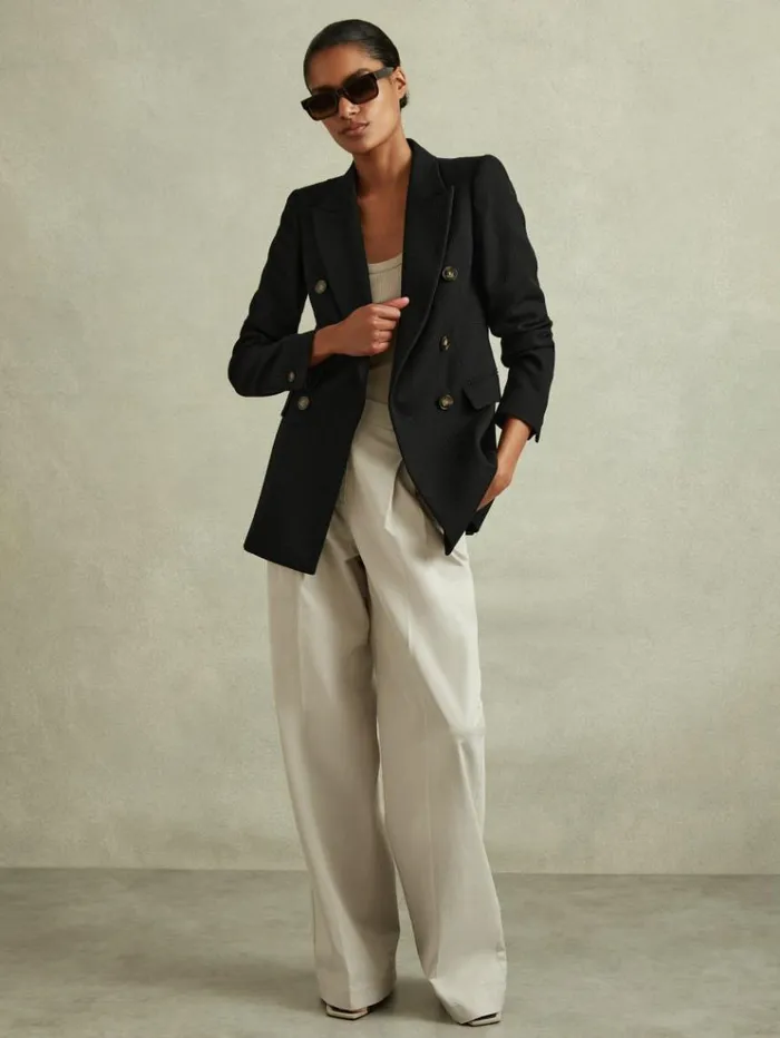 REISS Suits and Tailoring Women Tailored Textured Wool Blend Double Breasted Blazer Black