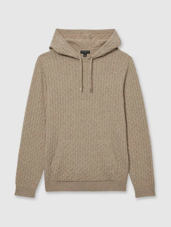 REISS Sweaters Men Atelier CabledCashmere Hoodie Soft Brown Melange