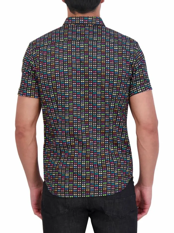 Robert Graham Button Down Shirts Men Spectacle Short Sleeve Button Down Shirt Black