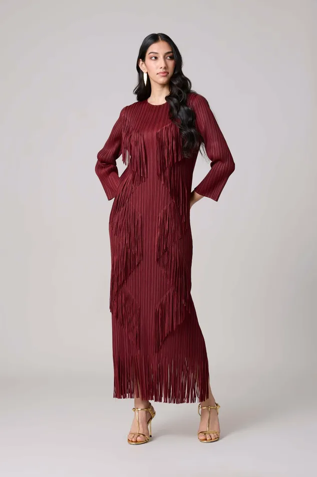 Scarlet Sage Dresses Chloe Fringed Dress 8211 Burgundy 8211 Women