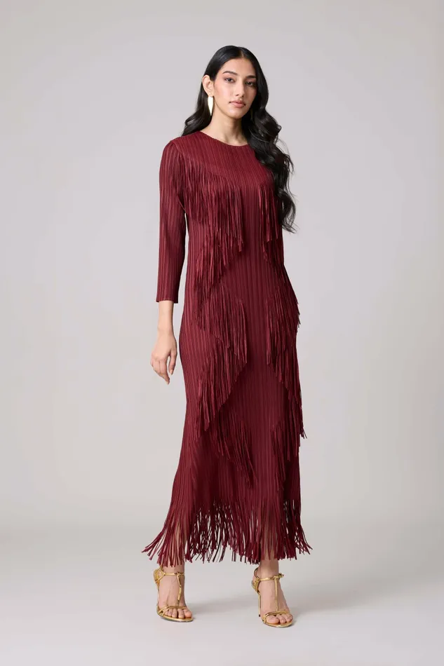 Scarlet Sage Dresses Chloe Fringed Dress 8211 Burgundy 8211 Women