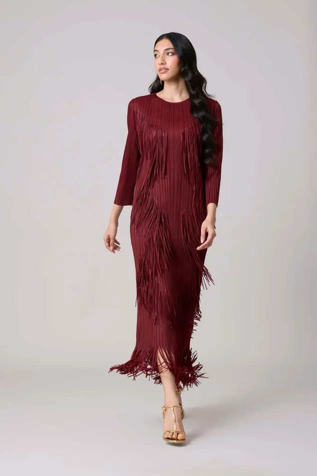 Scarlet Sage Dresses Chloe Fringed Dress 8211 Burgundy 8211 Women