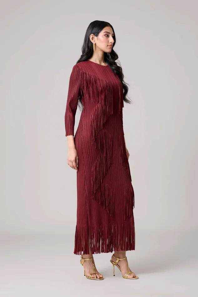 Scarlet Sage Dresses Chloe Fringed Dress 8211 Burgundy 8211 Women