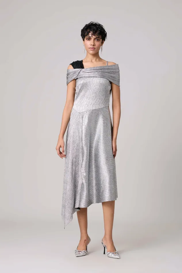 Scarlet Sage Dresses Tabita Dress 8211 Textured Metallic Silver 8211 Women
