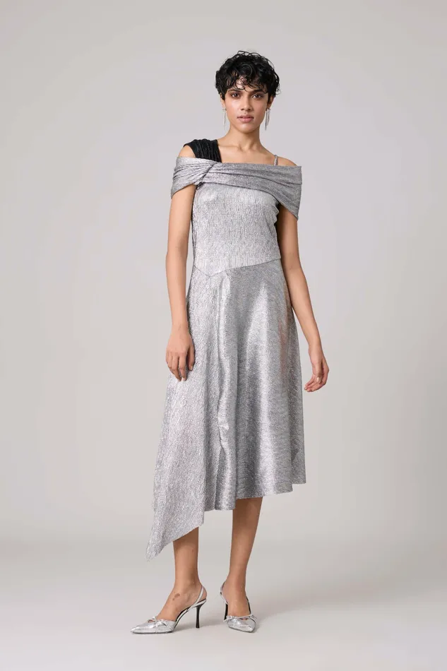 Scarlet Sage Dresses Tabita Dress 8211 Textured Metallic Silver 8211 Women