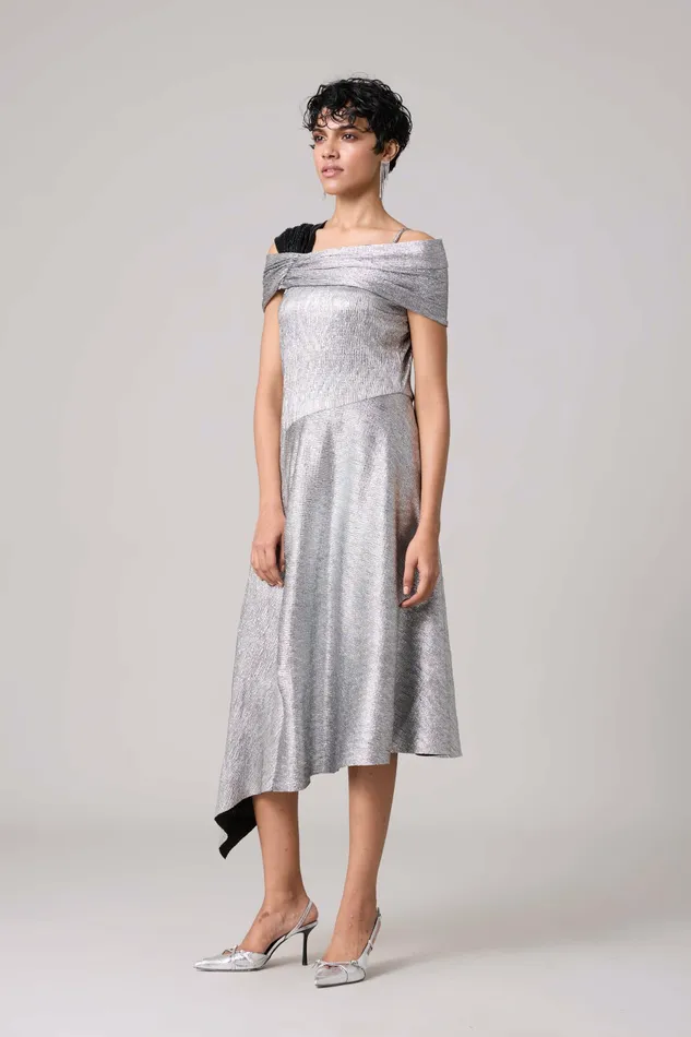 Scarlet Sage Dresses Tabita Dress 8211 Textured Metallic Silver 8211 Women