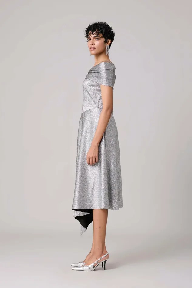 Scarlet Sage Dresses Tabita Dress 8211 Textured Metallic Silver 8211 Women