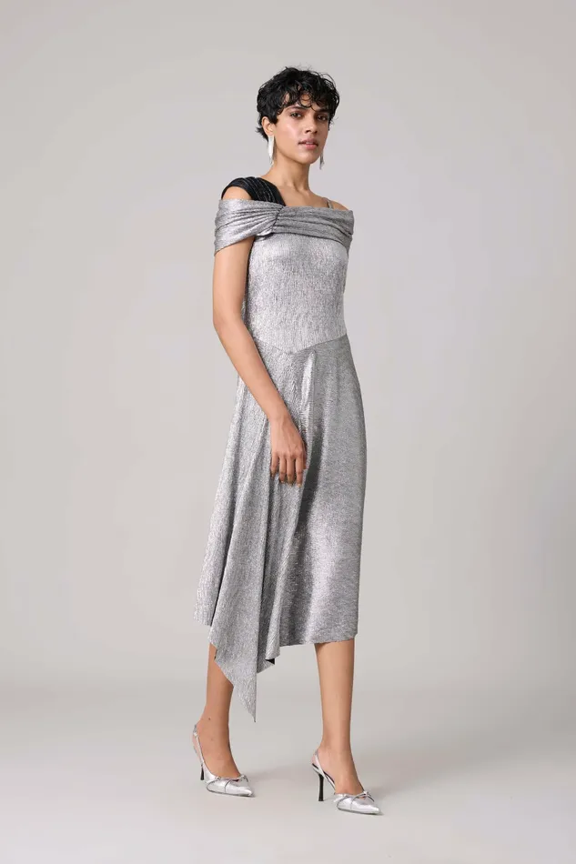 Scarlet Sage Dresses Tabita Dress 8211 Textured Metallic Silver 8211 Women