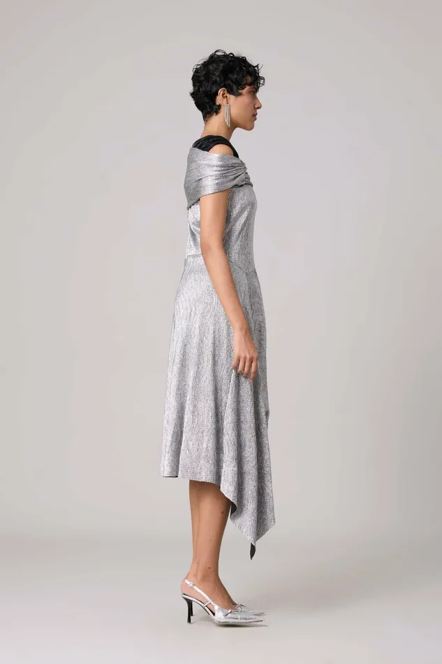 Scarlet Sage Dresses Tabita Dress 8211 Textured Metallic Silver 8211 Women