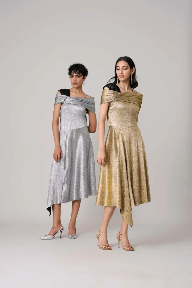 Scarlet Sage Dresses Tabita Dress 8211 Textured Metallic Silver 8211 Women