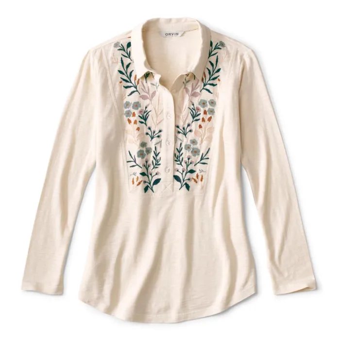 Shirts Women Orvis Embroidered Popover LongSleeved Knit Vanilla
