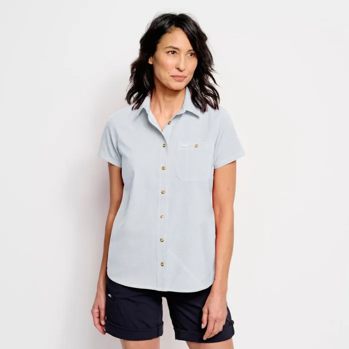 Shirts Women Orvis Womens Tech Chambray ShortSleeved Work Shirt Blue Fog