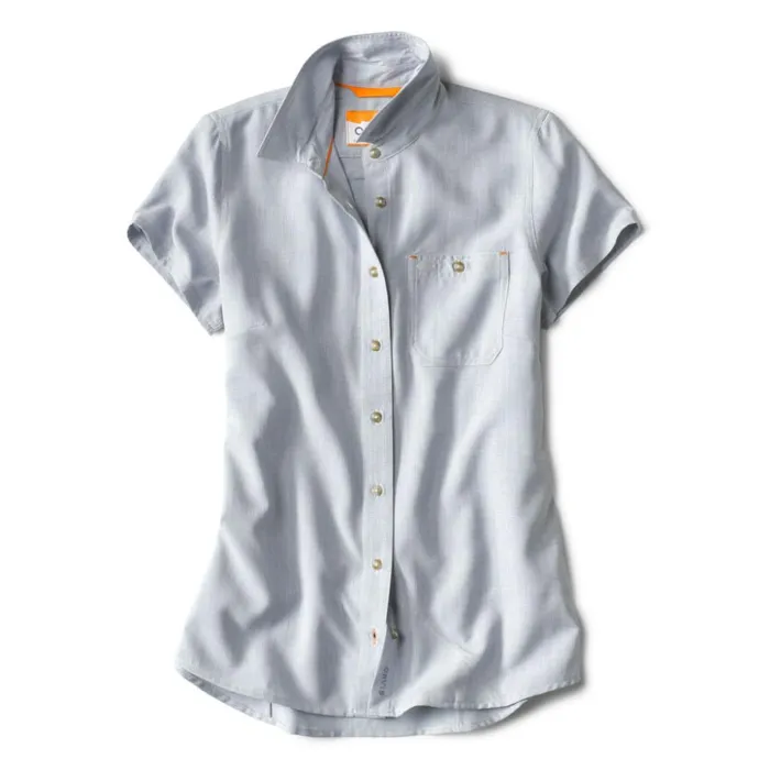 Shirts Women Orvis Womens Tech Chambray ShortSleeved Work Shirt Blue Fog