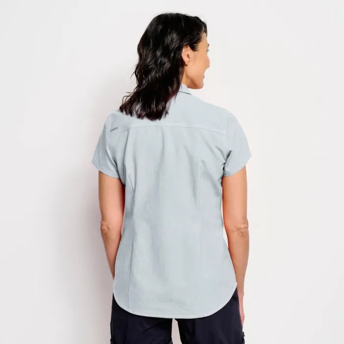 Shirts Women Orvis Womens Tech Chambray ShortSleeved Work Shirt Blue Fog