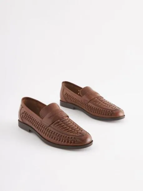 Shoes Men Joules Tan Brown Leather Weave Loafers